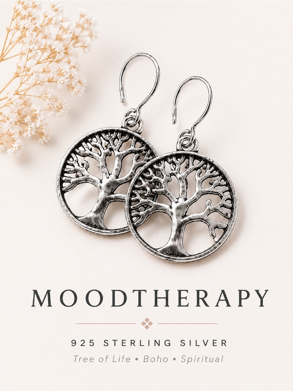 Moodtherapy 925 Sterling Silver Tree of Life Dangle Earrings NWT Gift Box